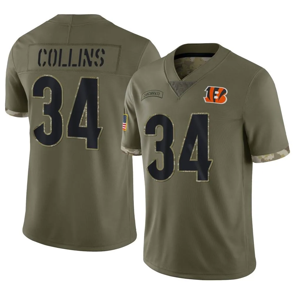 Men's Cincinnati Bengals Elijah Collins Nike 2022 Salute To Service Limited Olive Jersey Men's Cincinnati Bengals Elijah Collins Nike 2022 Salute To Service Limited Olive Jersey